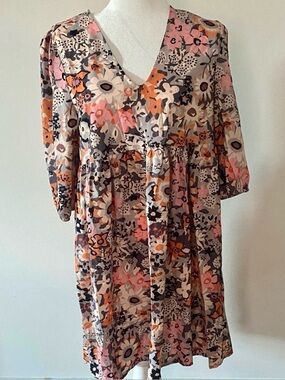Retro 70s Floral Babydoll Mini Dress Pink Orange Boho Empire Waist V-neck NWT M